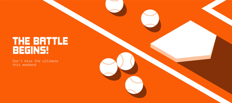 Minimalist Baseball Game Day Web Header: Stylized Isometric Sports Graphics with Bold Typography and Dynamic Shadows for Weekend Match Announcements and Social Media.