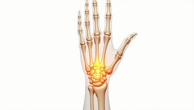 Ilustraci&oacute;n precisa de los huesos de la mano humana, los tendones y el &aacute;rea resaltada del t&uacute;nel carpiano que indica puntos de compresi&oacute;n y dolor
