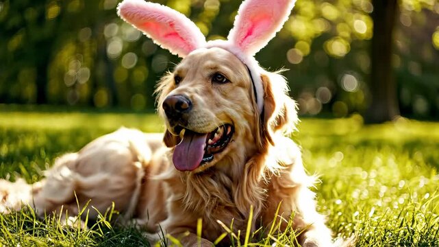 Happy Golden Retriever dog wearing pink bunny ears lying in lush green grass, panting in sunlit outdoor meadow scene