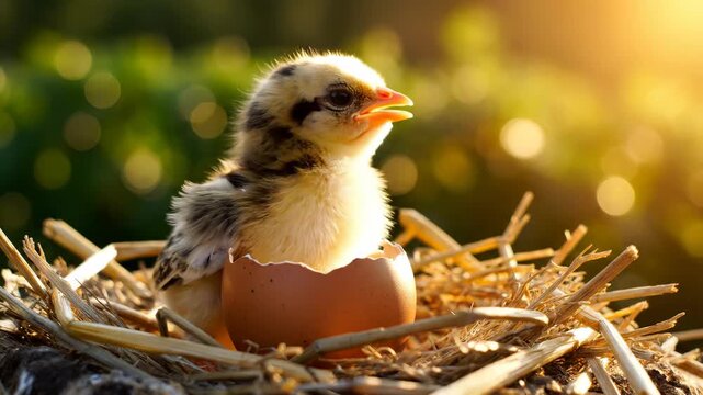 Fluffy baby chick hatching from a broken eggshell in a rustic straw nest during golden hour