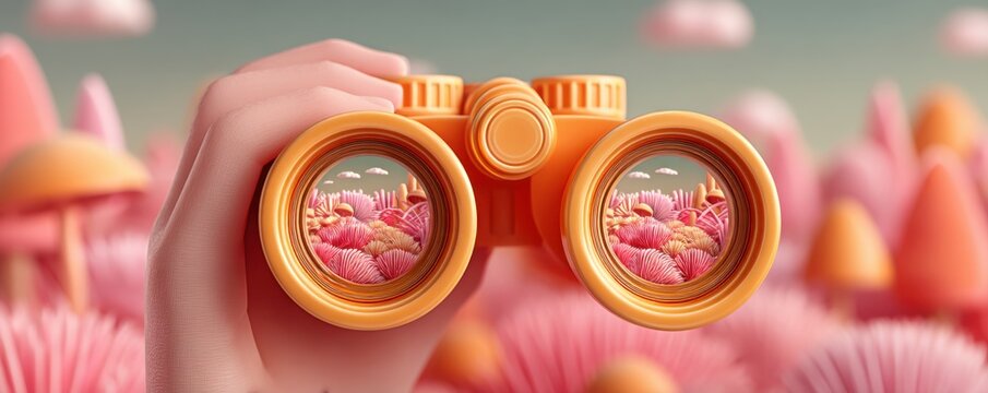 Hand holding orange binoculars over a pink surreal landscape with coral trees and mushrooms