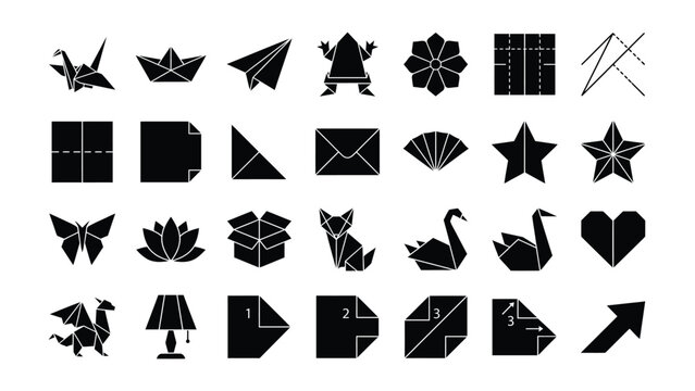 Black Origami Icons Set on White Background