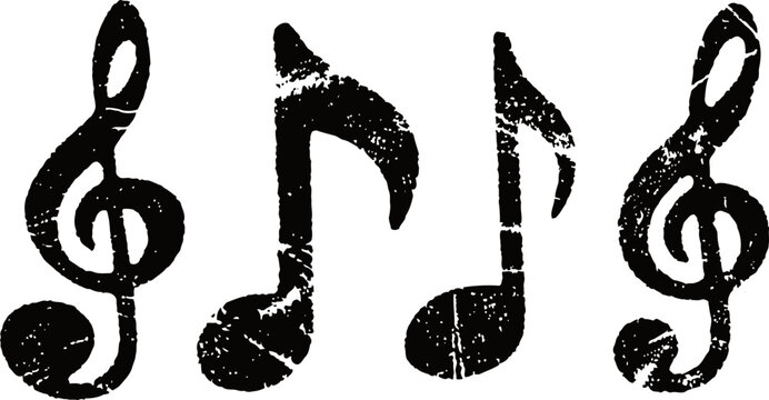 Vintage grunge musical notes and treble clefs set retro symbols with distressed texture, sound and melody concept