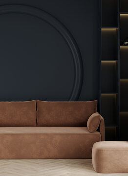 Brown beige sofa and blue navy wall. Accent scene living room lounge