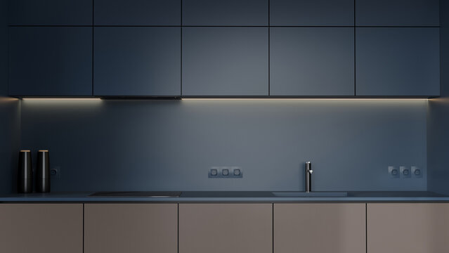 Closeup kitchen dark blue and mocha brown color. Minimalistic style