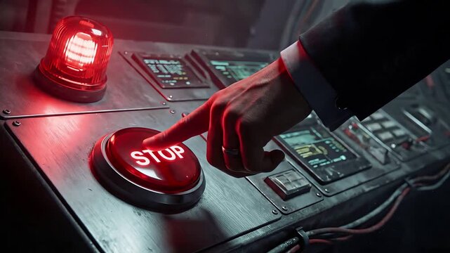 Caucasian man pressing red stop button on control panel in dark office. Business termination and relationship exit