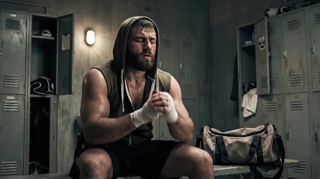 Caucasian man athlete sitting on bench in locker room, athlete worries and prepares before fight. Male strength and self confidence