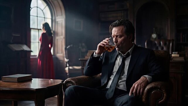 Caucasian man businessman sitting in leather armchair with glass of whiskey while woman stands by window. Relationship crisis and self destruction