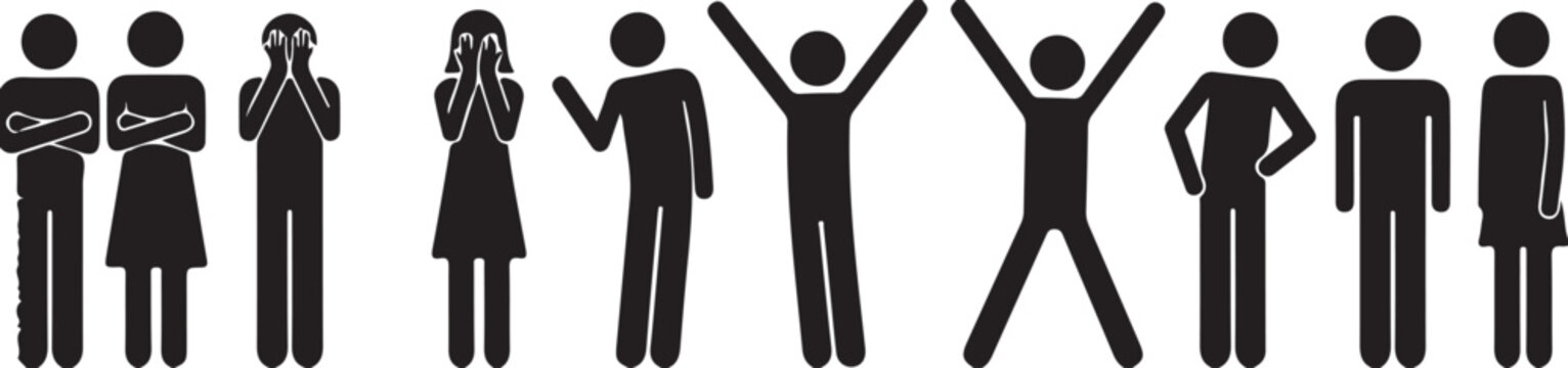 Vector illustration of black stick figure people silhouettes expressing various human emotions and body language like happiness, sadness, success, anger, and communication on white background.