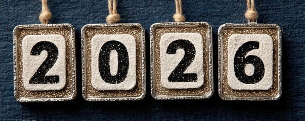 Fototapeta premium Hanging glitter number blocks spelling 2026 for New Year celebration and festive decor