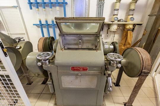Traditional Golfetto Roller Grinding Mill in Polenta Factory, Friuli Venezia Giulia, Italy
