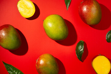 Flat lay with mango on color background, top view