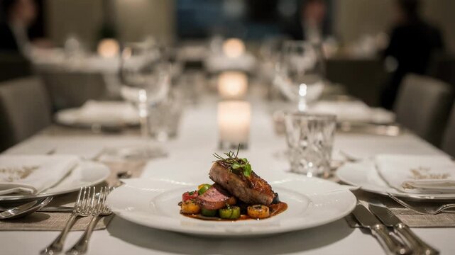 Business dinner table captured midshot showing neatly arranged plates polished silverware and subtle ambient lighting with a shallow depth of field emphasizing the main course.