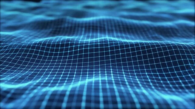 Abstract blue digital grid waves flowing in futuristic cyberspace.