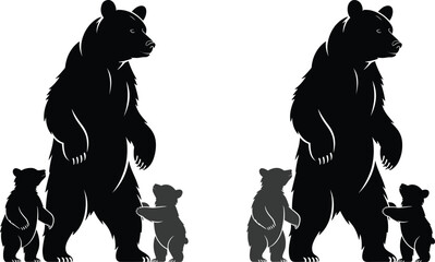 Grizzly Bear Mother with Cubs Silhouette Set Isolated on White Background, Wildlife Family Illustration Symbolizing Nature, Protection, Parenthood and Forest Animal Concept © Anayna Here