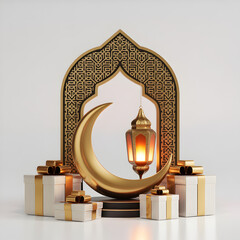 Gold Crescent Moon Behind Moroccan Arch with Lit Golden Lantern and Gift Boxes on Off-White &mdash; Elegant Eid Mubarak Celebration Scene