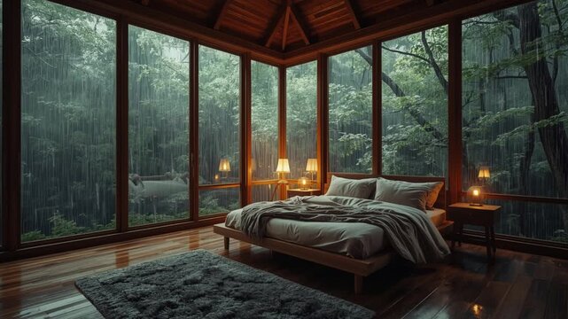 Cozy bedroom retreat with rainforest view on a rainy day