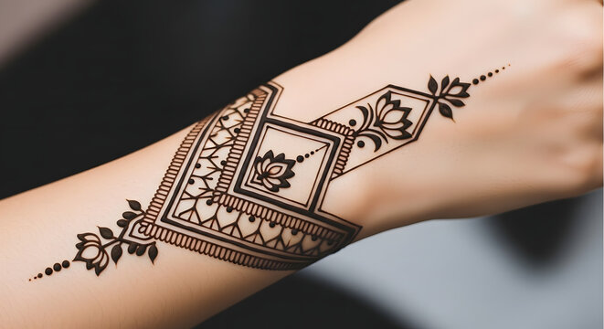 Minimalist modern geometric henna tattoo on forearm featuring lotus flower and diamond shapes