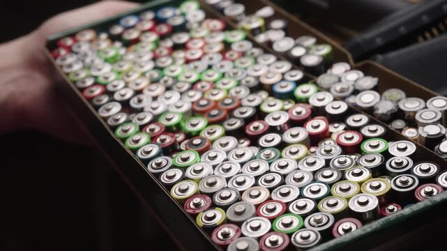 Human hand carrying full container of exhausted batteries, illustrating environmental impact of improper disposal and importance of responsible e-waste management for sustainable development.