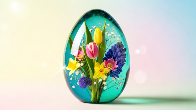 Decorative glass Easter egg with spring fowers inside Spring, celebration, renewal concept.