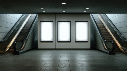 Three blank vertical light box posters on wall between escalators in subway station mockup