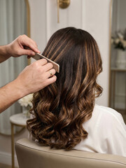 Fototapeta premium Hair stylist combs long curly hair in a salon during daytime