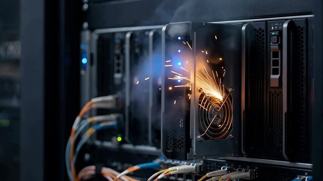 Server rack short circuit with sparks in data center technology failure cloud computing network background copy space security digital damage