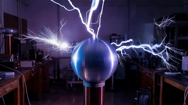 High voltage tesla coil sparking blue lightning arcs science experiment physics lab technology future background copy space energy discharge power