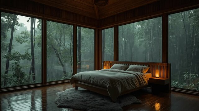 Cozy cabin bedroom with forest view on rainy day