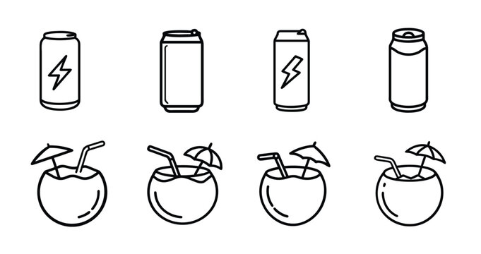Energy drink can and coconut cocktail line icon set with lightning bolt power, soda tin, tropical juice straw, umbrella summer refreshment more vector illustration editable stroke.