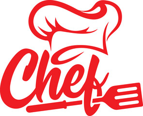 Obraz premium A red chef s hat and the word chef with culinary tools below