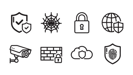 Cybersecurity Icons Collection: Protection Network Lock Globe Camera Firewall Cloud Fingerprint