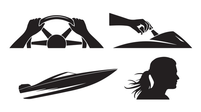 Vector Illustration Of Silhouette Icons For Speedboat And Female Driver For Water Sports And Adventure Concept