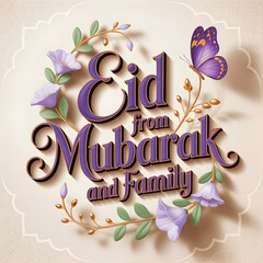 Elegant Purple Ornate "Eid from Mubarak and Family" Lettering with Floral Embellishments and Butterfly &mdash; Family Eid Greeting Design