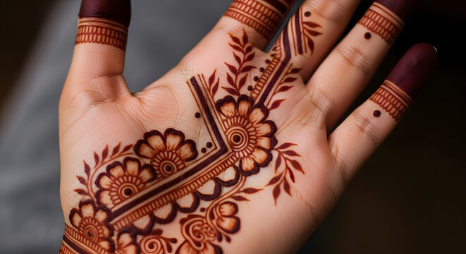 Close up of beautiful henna design on palm for festive celebration