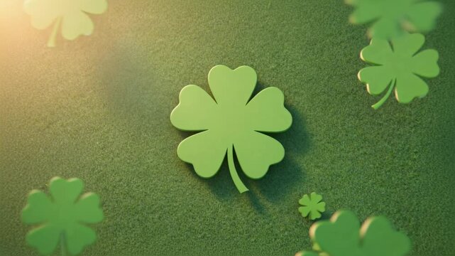 Animating large 4-leaf clover holding center on felt while small clovers drifting under warm light
