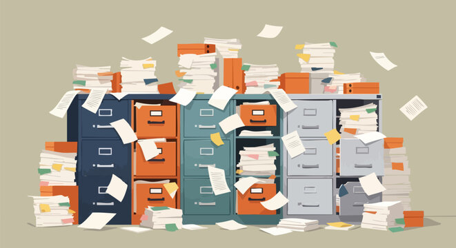 Messy office filing cabinets with overflowing documents and paper stacks. Illustration of disorganized paperwork, bureaucracy, and data management issues.