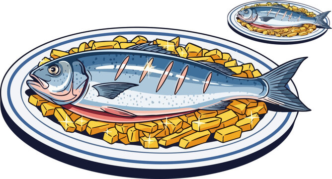 Grilled whole fish with french fries on a plate. Detailed vector illustration of cooked sea bass or similar fish served with golden fried potatoes