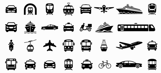 Vector illustration of black and white silhouettes of various vehicle icons on a white isolated background. © Dzianis