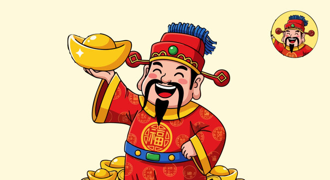 Cai Shen Chinese God of Wealth cartoon character holding gold ingot. Traditional Asian deity in red robe, hat, and black beard, with additional gold ingots at his feet. Created in a cheerful