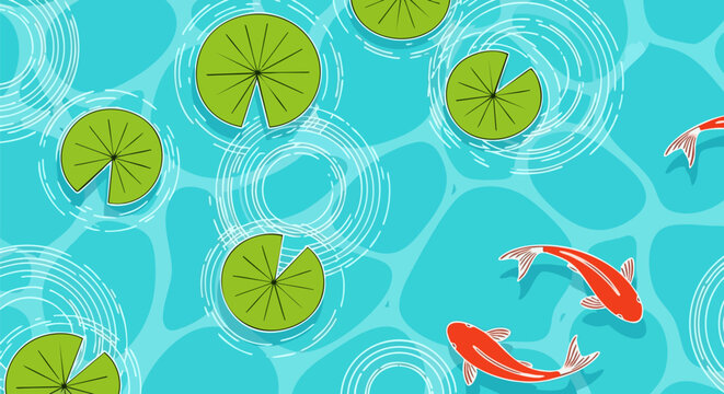 Koi fish and lily pad seamless pattern. Includes orange koi fish, green lily pads, and water ripples. Created in flat cartoon style with blue, green, and orange palette.