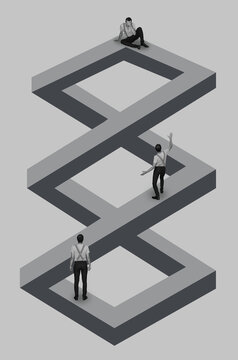 Collage with a men on a impossible geometric figure