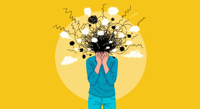Woman with overwhelming thoughts and anxiety covering face. Depicts stress, depression, mental health issues, and emotional distress with tangled lines and thought bubbles on a yellow background.