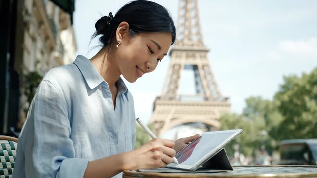 Young Asian woman artist drawing on a digital tablet at a cafe in Paris with the Eiffel Tower in the background.