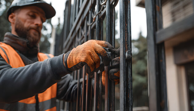 A construction worker in a safety vest and gloves installs a metal gate on the property, and his hands carefully fix the gate bars. He works on outdoor buildings with precision and skill.