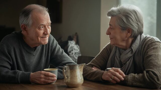 Exchanging smiles, senior couple in knit sweaters holding mug at home table, responding to remark