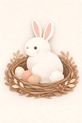 Obraz premium Cute White Bunny Sitting in a Nest with Easter Eggs