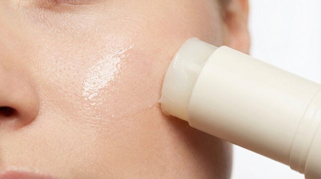 Close-up of Woman Applying Hydrating Moisturizer Stick to Face