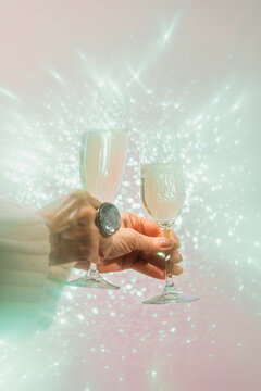 Champagne toast celebration with sparkly background