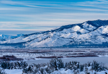 Snow-covered mountains surround Washoe Lake with the foreground featuring snow-draped shrubs. The scene captures a wide valley under a sky with thin, horizontal clouds. © gchapel